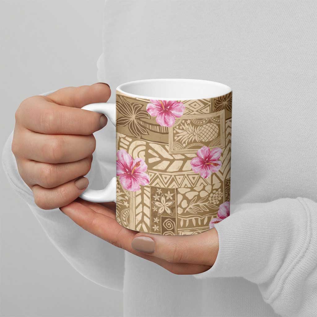 Beige Hawaii Hibiscus With Tropical Flowers Motifs Ceramic Mug - Polynesian Pride