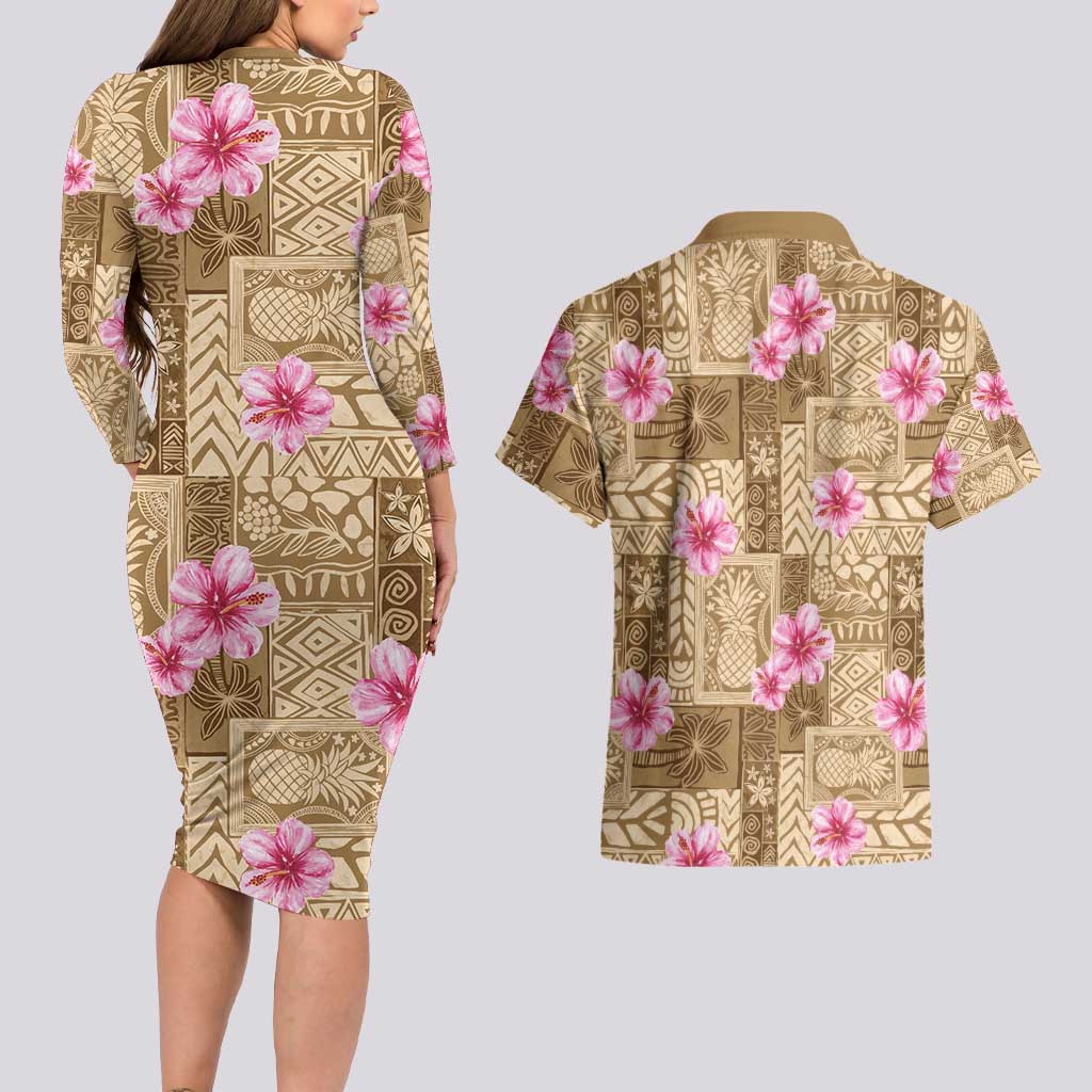 Beige Hawaii Hibiscus With Tropical Flowers Motifs Couples Matching Long Sleeve Bodycon Dress and Hawaiian Shirt - Polynesian Pride