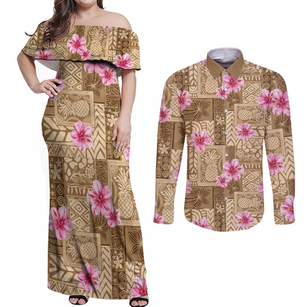 Beige Hawaii Hibiscus With Tropical Flowers Motifs Couples Matching Off Shoulder Maxi Dress and Long Sleeve Button Shirt - Polynesian Pride