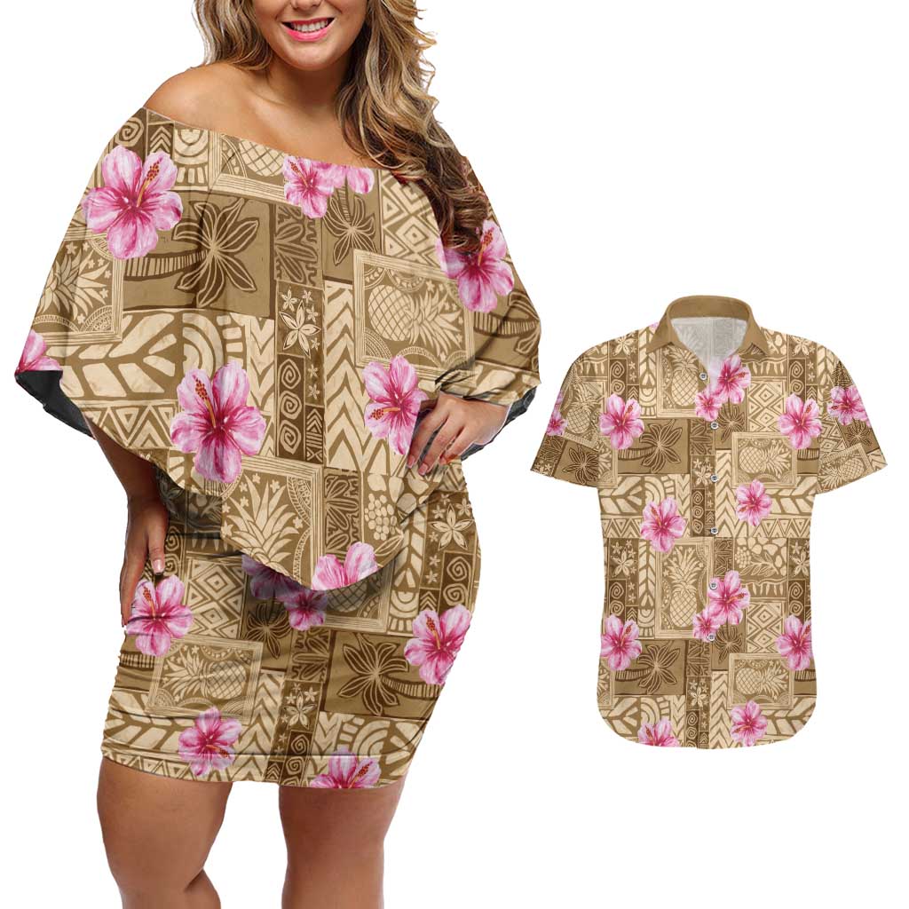 Beige Hawaii Hibiscus With Tropical Flowers Motifs Couples Matching Off Shoulder Short Dress and Hawaiian Shirt - Polynesian Pride