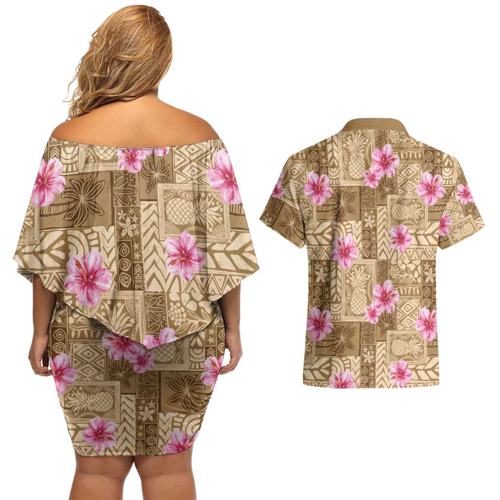 Beige Hawaii Hibiscus With Tropical Flowers Motifs Couples Matching Off Shoulder Short Dress and Hawaiian Shirt - Polynesian Pride