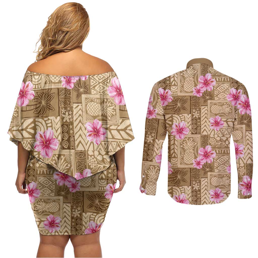 Beige Hawaii Hibiscus With Tropical Flowers Motifs Couples Matching Off Shoulder Short Dress and Long Sleeve Button Shirt - Polynesian Pride