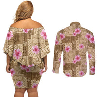 Beige Hawaii Hibiscus With Tropical Flowers Motifs Couples Matching Off Shoulder Short Dress and Long Sleeve Button Shirt - Polynesian Pride