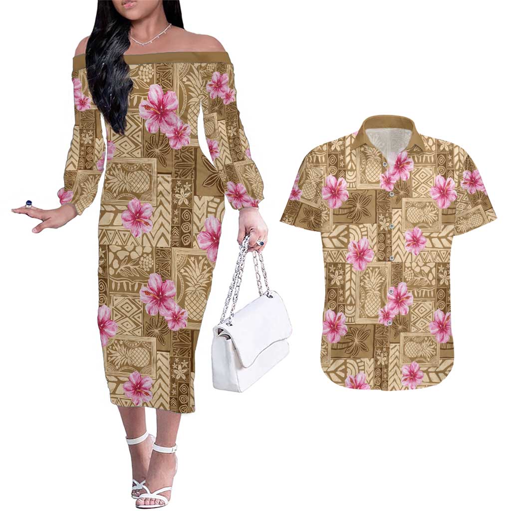 Beige Hawaii Hibiscus With Tropical Flowers Motifs Couples Matching Off The Shoulder Long Sleeve Dress and Hawaiian Shirt - Polynesian Pride