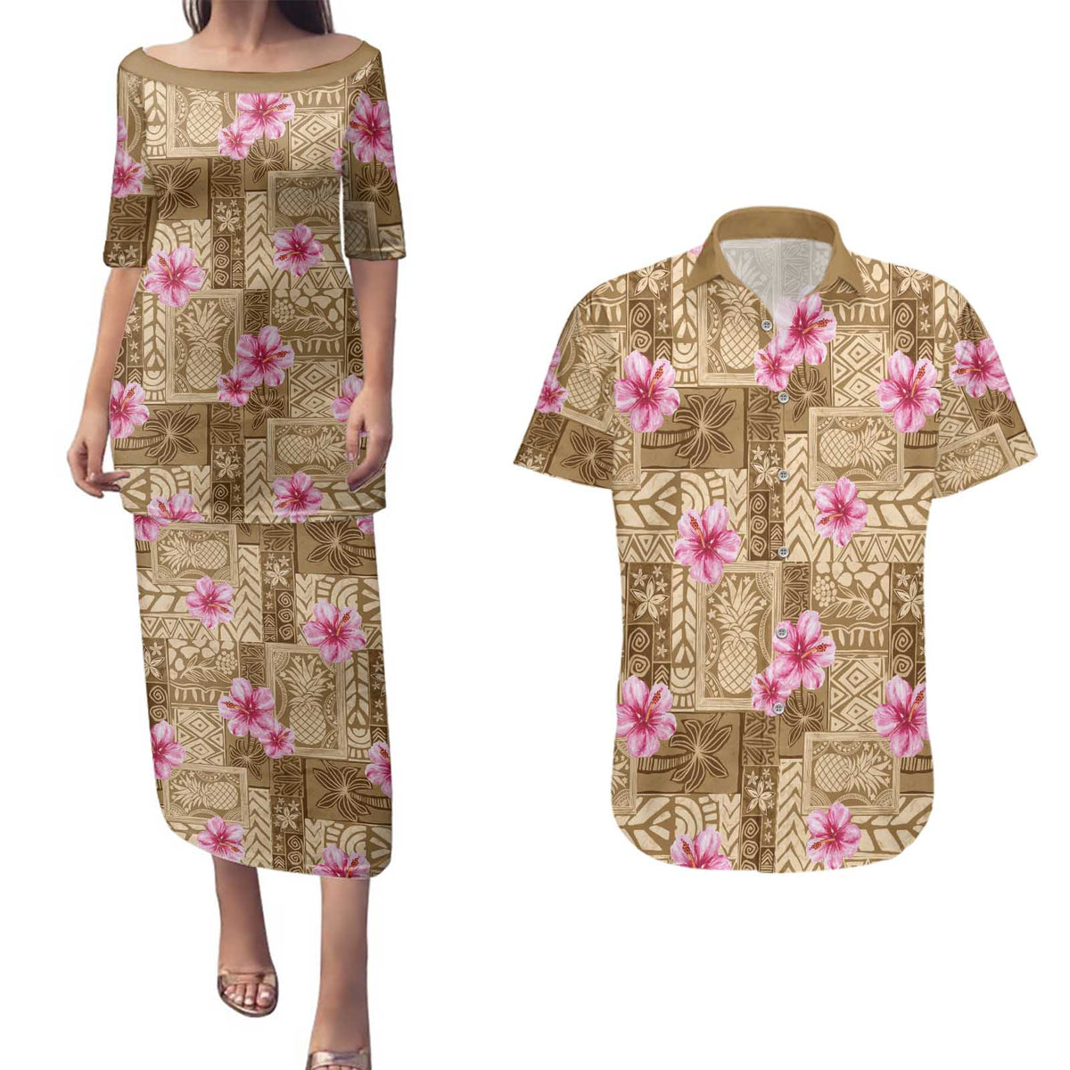 Beige Hawaii Hibiscus With Tropical Flowers Motifs Couples Matching Puletasi and Hawaiian Shirt - Polynesian Pride