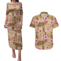 Beige Hawaii Hibiscus With Tropical Flowers Motifs Couples Matching Puletasi and Hawaiian Shirt - Polynesian Pride