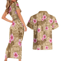 Beige Hawaii Hibiscus With Tropical Flowers Motifs Couples Matching Short Sleeve Bodycon Dress and Hawaiian Shirt - Polynesian Pride