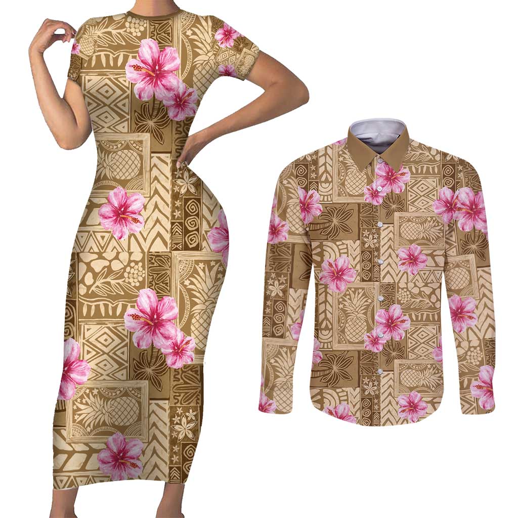 Beige Hawaii Hibiscus With Tropical Flowers Motifs Couples Matching Short Sleeve Bodycon Dress and Long Sleeve Button Shirt - Polynesian Pride