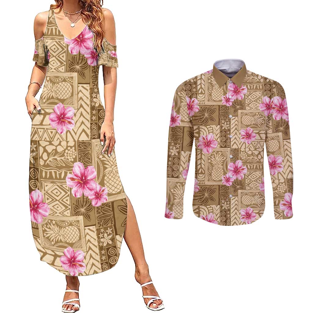 Beige Hawaii Hibiscus With Tropical Flowers Motifs Couples Matching Summer Maxi Dress and Long Sleeve Button Shirt - Polynesian Pride