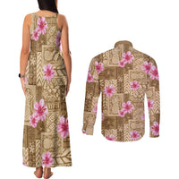 Beige Hawaii Hibiscus With Tropical Flowers Motifs Couples Matching Tank Maxi Dress and Long Sleeve Button Shirt - Polynesian Pride