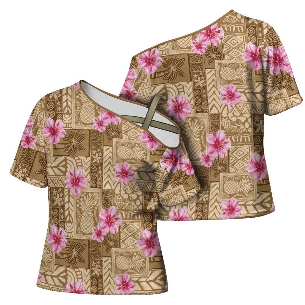 Beige Hawaii Hibiscus With Tropical Flowers Motifs Cross Shoulder Shirt - Polynesian Pride
