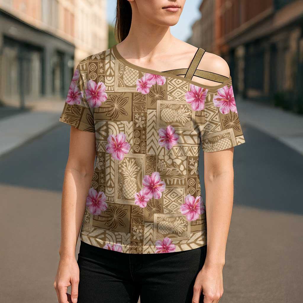 Beige Hawaii Hibiscus With Tropical Flowers Motifs Cross Shoulder Shirt - Polynesian Pride