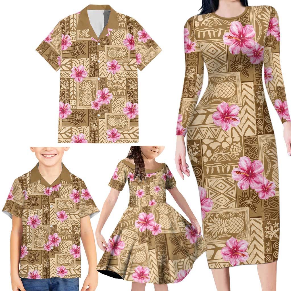 Beige Hawaii Hibiscus With Tropical Flowers Motifs Family Matching Long Sleeve Bodycon Dress and Hawaiian Shirt - Polynesian Pride
