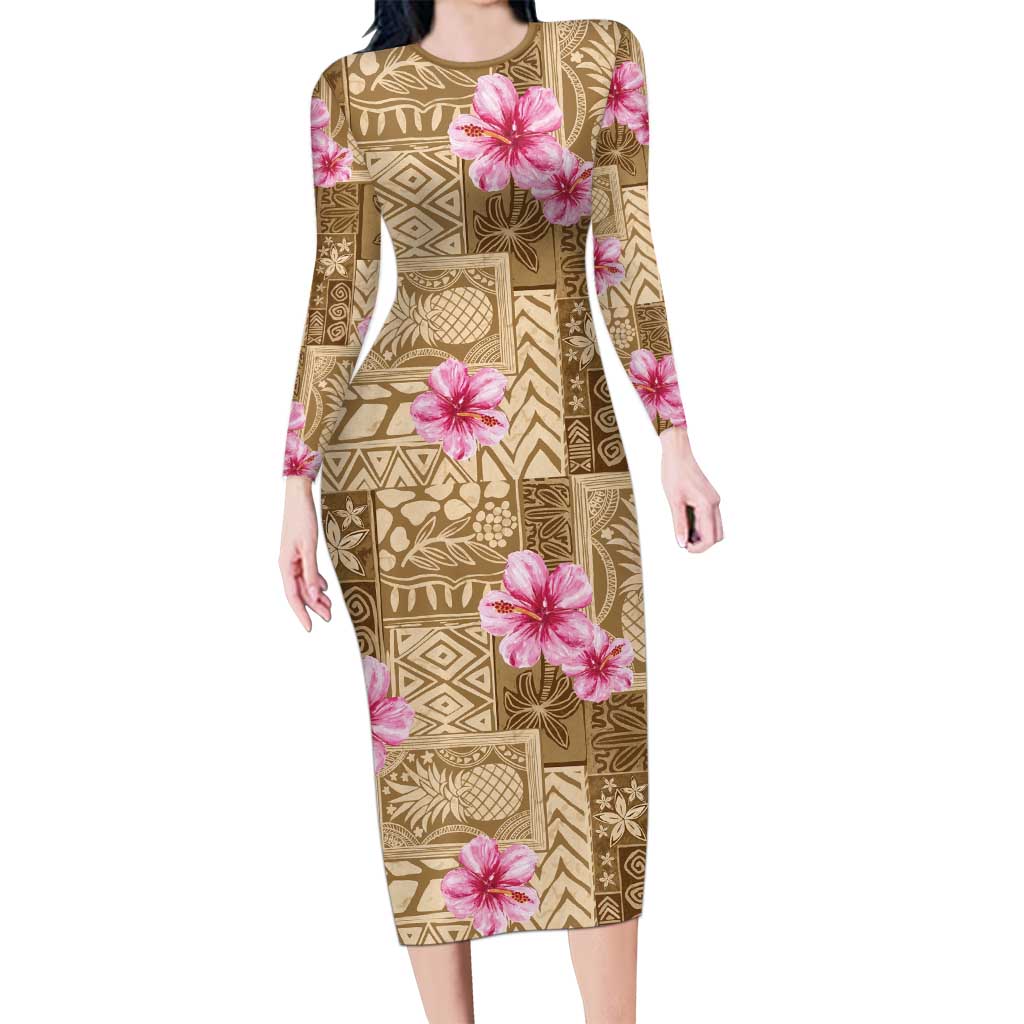 Beige Hawaii Hibiscus With Tropical Flowers Motifs Family Matching Long Sleeve Bodycon Dress and Hawaiian Shirt - Polynesian Pride