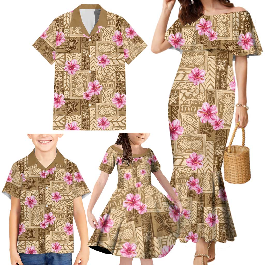 Beige Hawaii Hibiscus With Tropical Flowers Motifs Family Matching Mermaid Dress and Hawaiian Shirt - Polynesian Pride