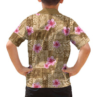Beige Hawaii Hibiscus With Tropical Flowers Motifs Family Matching Off The Shoulder Long Sleeve Dress and Hawaiian Shirt - Polynesian Pride