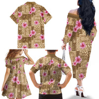 Beige Hawaii Hibiscus With Tropical Flowers Motifs Family Matching Off The Shoulder Long Sleeve Dress and Hawaiian Shirt - Polynesian Pride