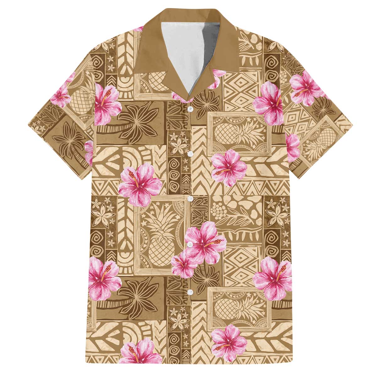 Beige Hawaii Hibiscus With Tropical Flowers Motifs Family Matching Off The Shoulder Long Sleeve Dress and Hawaiian Shirt - Polynesian Pride