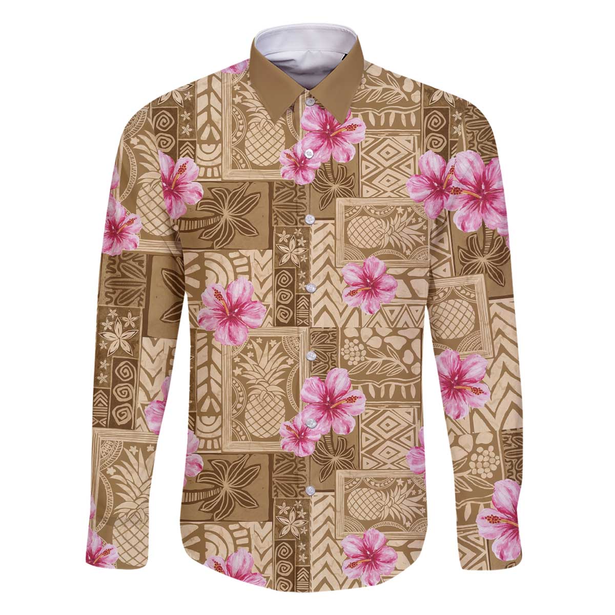 Beige Hawaii Hibiscus With Tropical Flowers Motifs Family Matching Off The Shoulder Long Sleeve Dress and Hawaiian Shirt - Polynesian Pride