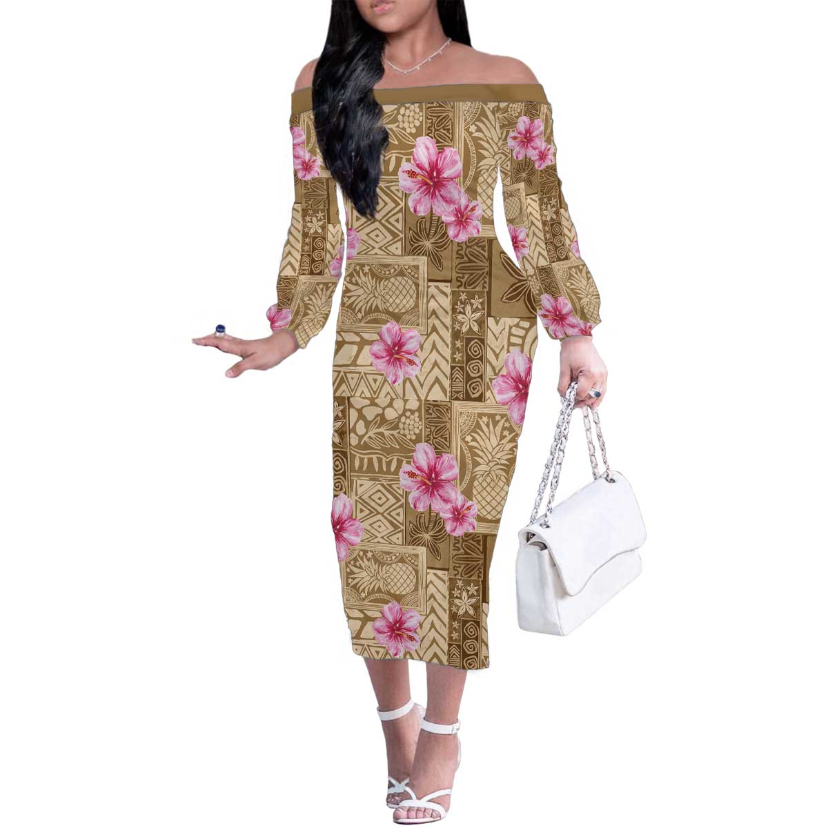 Beige Hawaii Hibiscus With Tropical Flowers Motifs Family Matching Off The Shoulder Long Sleeve Dress and Hawaiian Shirt - Polynesian Pride