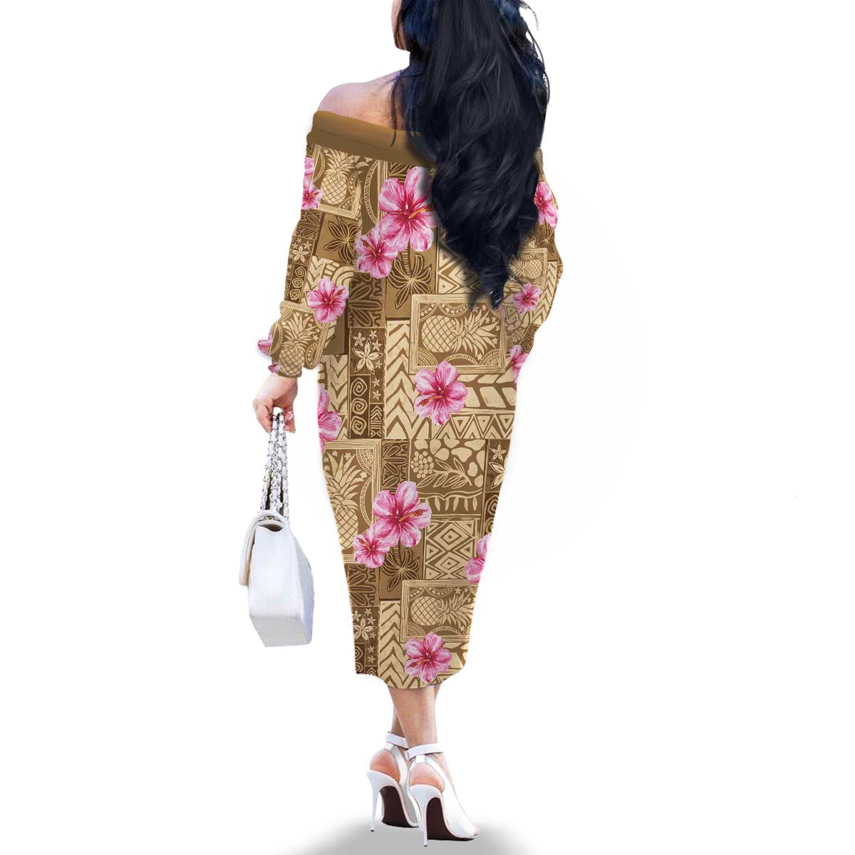Beige Hawaii Hibiscus With Tropical Flowers Motifs Family Matching Off The Shoulder Long Sleeve Dress and Hawaiian Shirt - Polynesian Pride