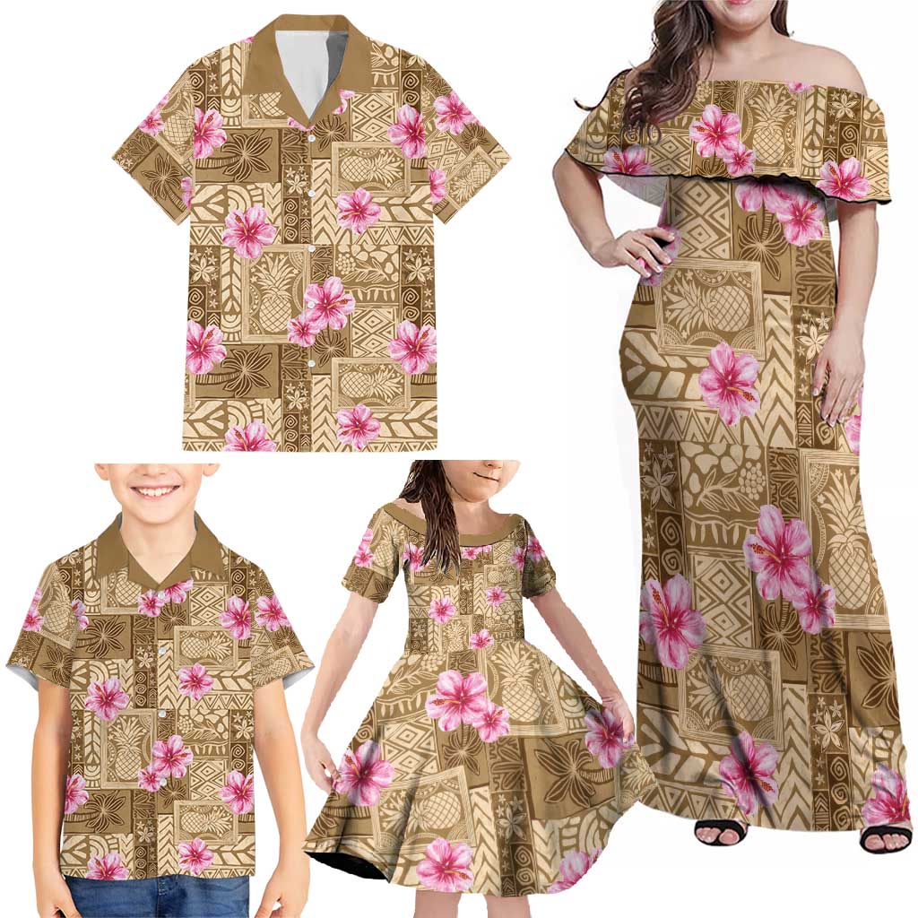 Beige Hawaii Hibiscus With Tropical Flowers Motifs Family Matching Off Shoulder Maxi Dress and Hawaiian Shirt - Polynesian Pride