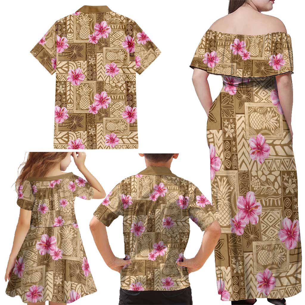 Beige Hawaii Hibiscus With Tropical Flowers Motifs Family Matching Off Shoulder Maxi Dress and Hawaiian Shirt - Polynesian Pride