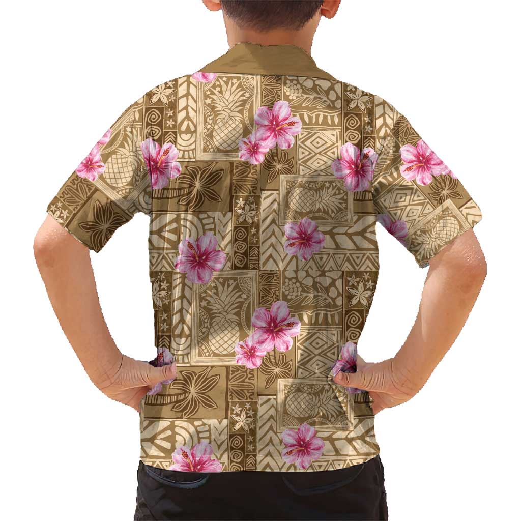 Beige Hawaii Hibiscus With Tropical Flowers Motifs Family Matching Off Shoulder Short Dress and Hawaiian Shirt - Polynesian Pride