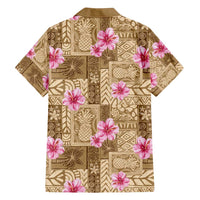 Beige Hawaii Hibiscus With Tropical Flowers Motifs Family Matching Off Shoulder Short Dress and Hawaiian Shirt - Polynesian Pride