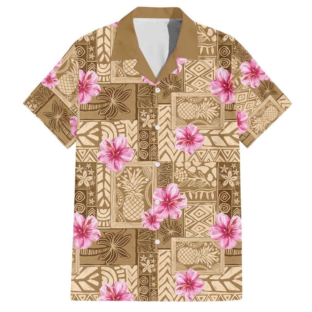 Beige Hawaii Hibiscus With Tropical Flowers Motifs Family Matching Puletasi and Hawaiian Shirt - Polynesian Pride