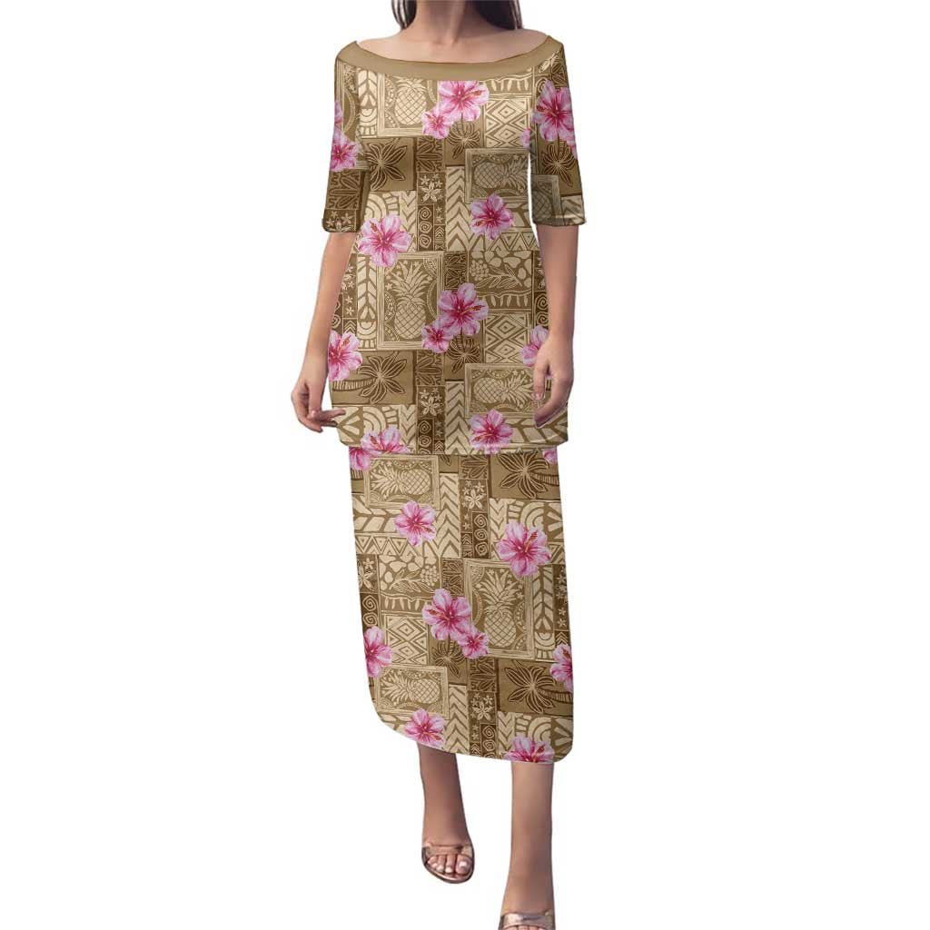 Beige Hawaii Hibiscus With Tropical Flowers Motifs Family Matching Puletasi and Hawaiian Shirt - Polynesian Pride