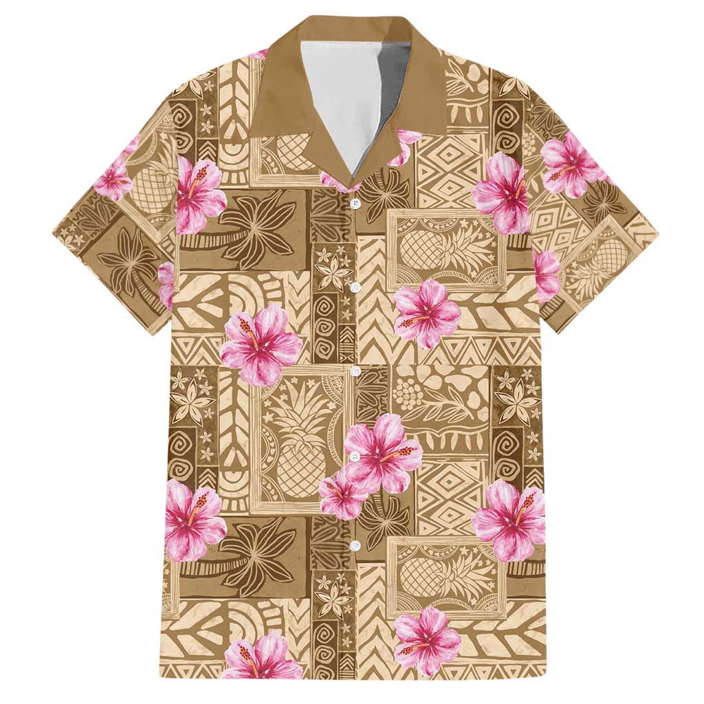 Beige Hawaii Hibiscus With Tropical Flowers Motifs Family Matching Short Sleeve Bodycon Dress and Hawaiian Shirt - Polynesian Pride