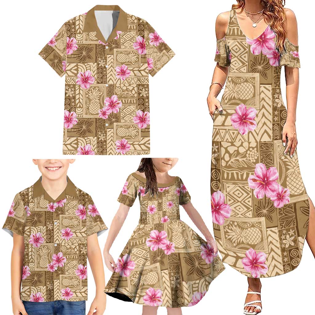 Beige Hawaii Hibiscus With Tropical Flowers Motifs Family Matching Summer Maxi Dress and Hawaiian Shirt - Polynesian Pride