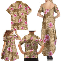 Beige Hawaii Hibiscus With Tropical Flowers Motifs Family Matching Summer Maxi Dress and Hawaiian Shirt - Polynesian Pride