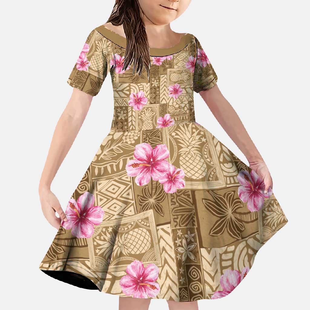 Beige Hawaii Hibiscus With Tropical Flowers Motifs Family Matching Tank Maxi Dress and Hawaiian Shirt - Polynesian Pride