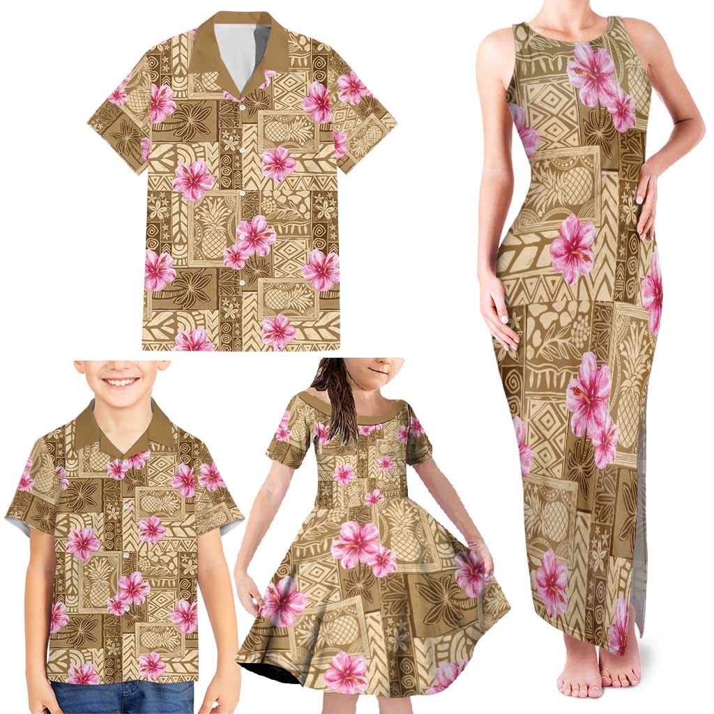 Beige Hawaii Hibiscus With Tropical Flowers Motifs Family Matching Tank Maxi Dress and Hawaiian Shirt - Polynesian Pride