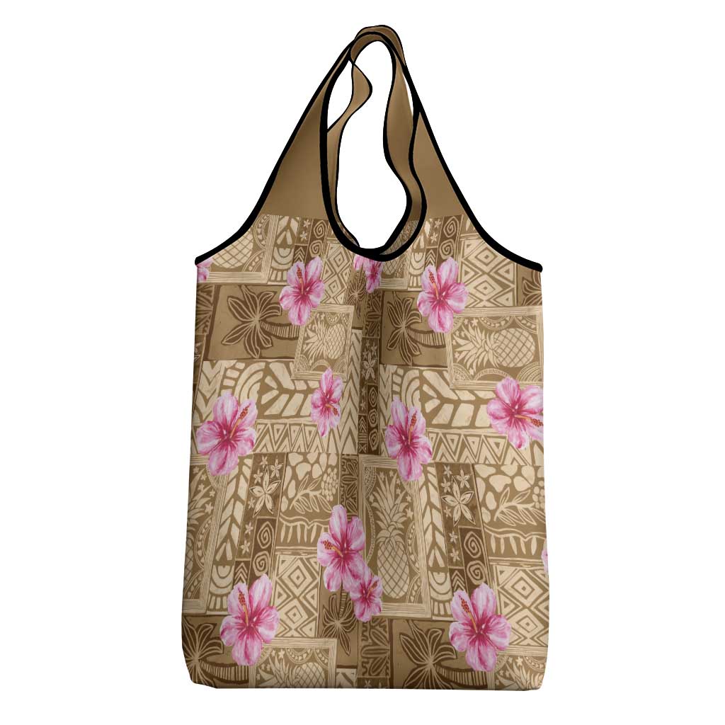 Beige Hawaii Hibiscus With Tropical Flowers Motifs Grocery Bag - Polynesian Pride