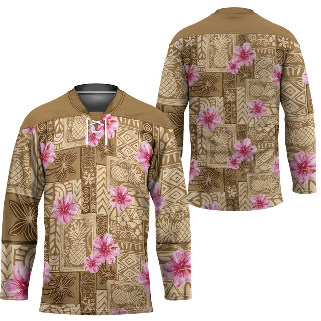 Beige Hawaii Hibiscus With Tropical Flowers Motifs Hockey Jersey - Polynesian Pride