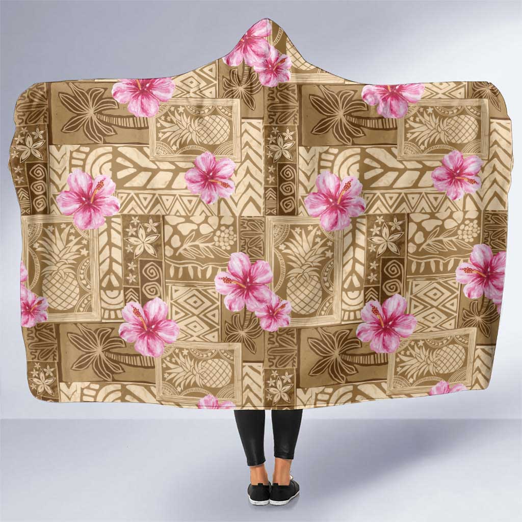 Beige Hawaii Hibiscus With Tropical Flowers Motifs Hooded Blanket LT14 One Size Beige - Polynesian Pride