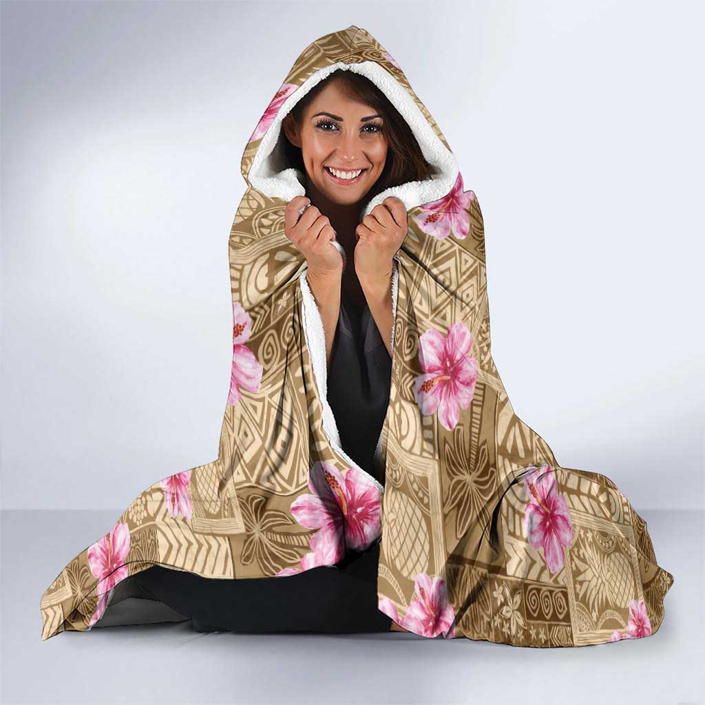 Beige Hawaii Hibiscus With Tropical Flowers Motifs Hooded Blanket LT14 - Polynesian Pride