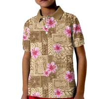 Beige Hawaii Hibiscus With Tropical Flowers Motifs Kid Polo Shirt - Polynesian Pride