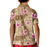 Beige Hawaii Hibiscus With Tropical Flowers Motifs Kid Polo Shirt - Polynesian Pride