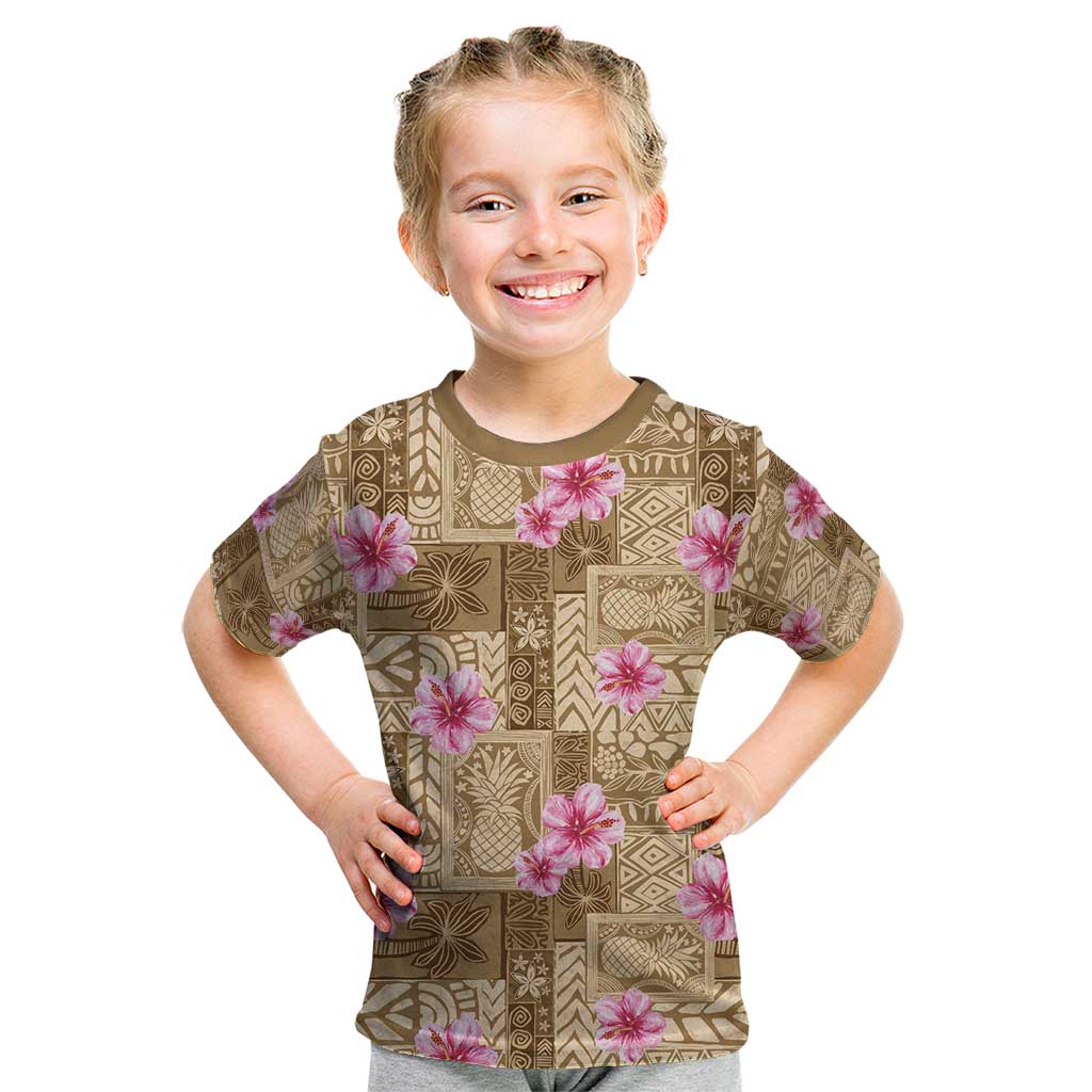 Beige Hawaii Hibiscus With Tropical Flowers Motifs Kid T Shirt - Polynesian Pride