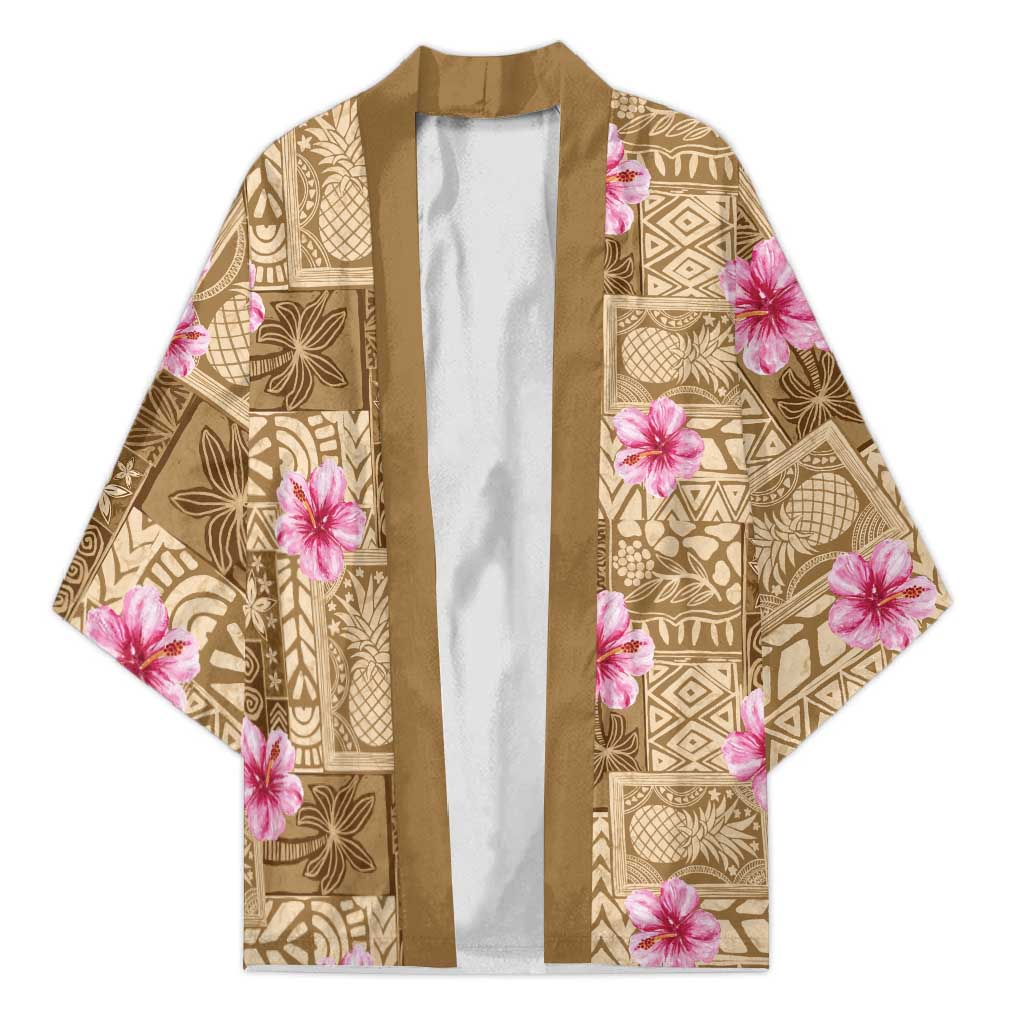 Beige Hawaii Hibiscus With Tropical Flowers Motifs Kimono LT14 Unisex Beige - Polynesian Pride