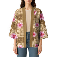 Beige Hawaii Hibiscus With Tropical Flowers Motifs Kimono LT14 - Polynesian Pride