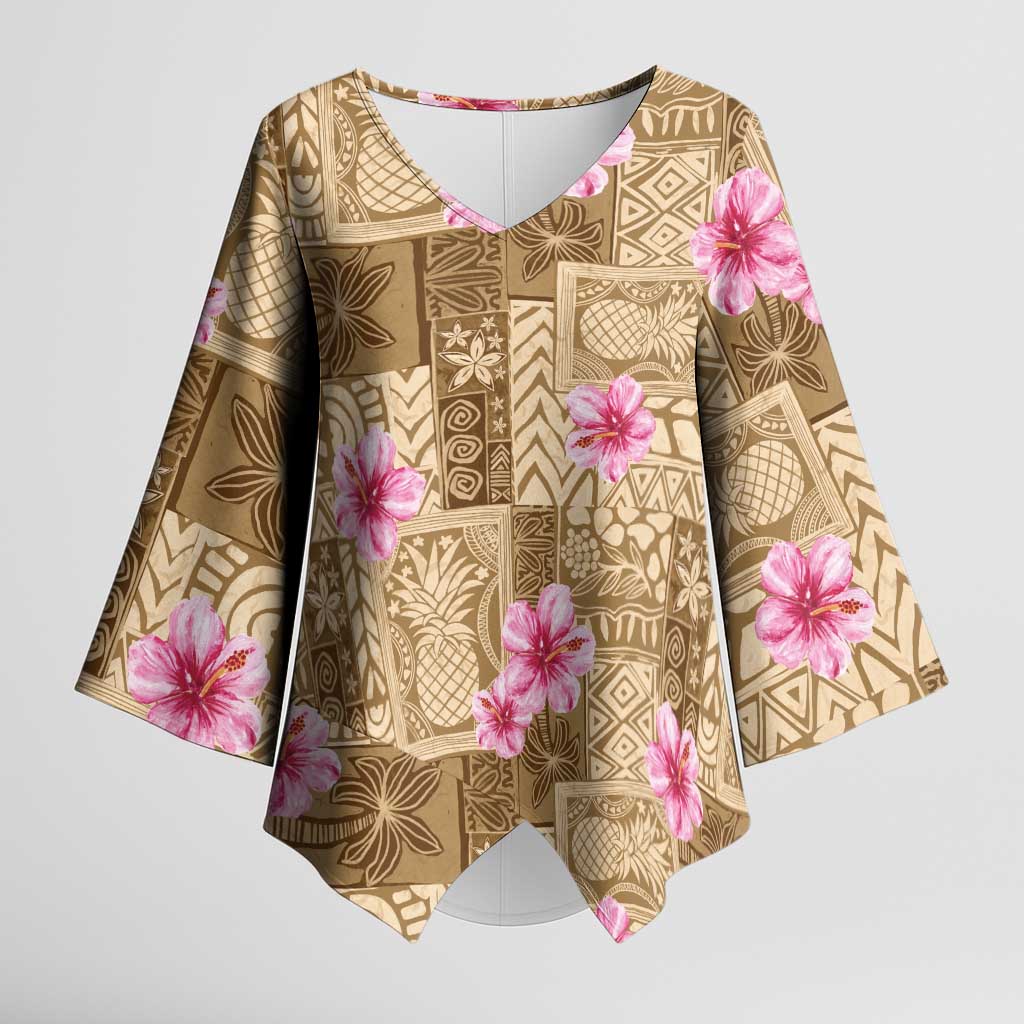 Beige Hawaii Hibiscus With Tropical Flowers Motifs Kimono Sleeve Blouse - Polynesian Pride