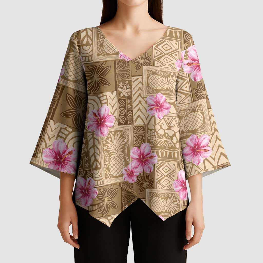Beige Hawaii Hibiscus With Tropical Flowers Motifs Kimono Sleeve Blouse - Polynesian Pride