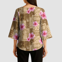 Beige Hawaii Hibiscus With Tropical Flowers Motifs Kimono Sleeve Blouse - Polynesian Pride