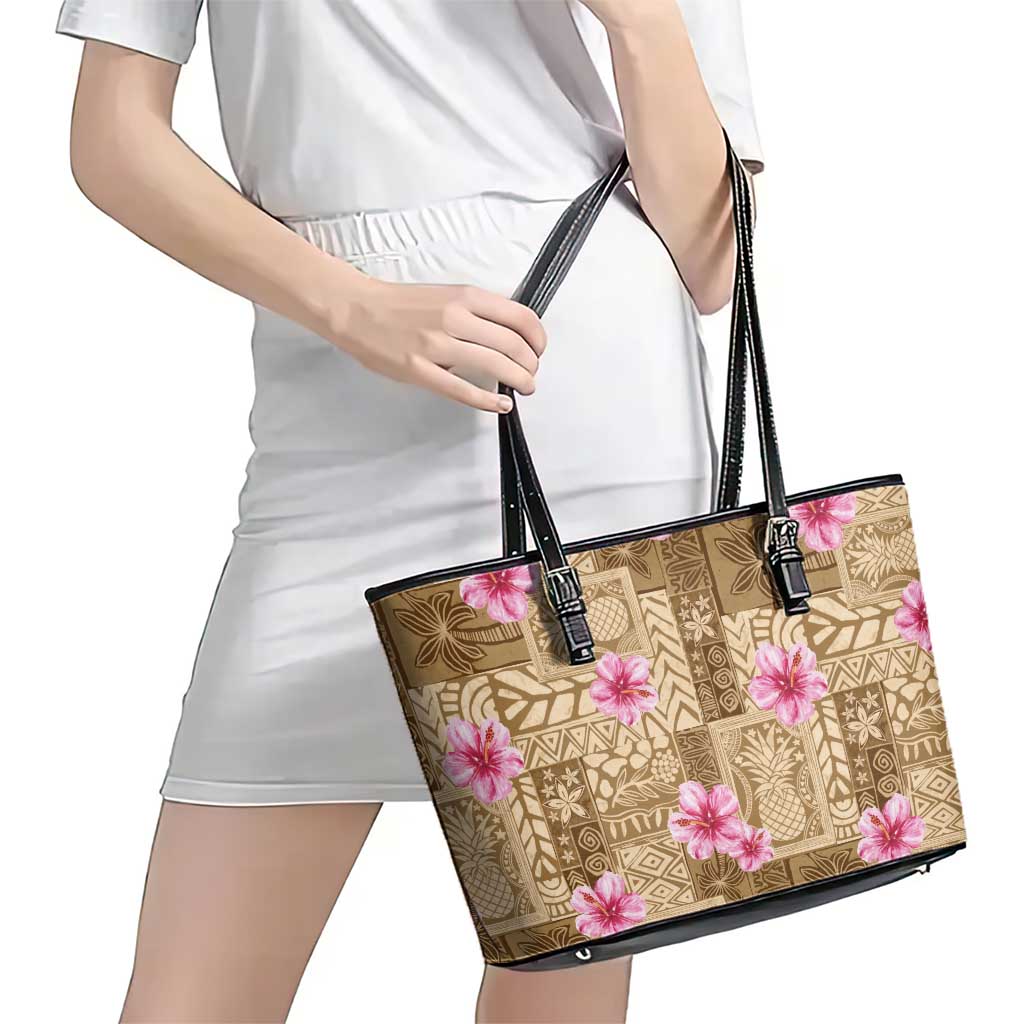 Beige Hawaii Hibiscus With Tropical Flowers Motifs Leather Tote Bag - Polynesian Pride