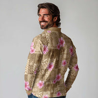 Beige Hawaii Hibiscus With Tropical Flowers Motifs Long Sleeve Polo Shirt - Polynesian Pride